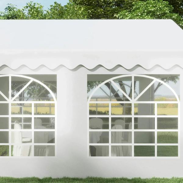 White tent wall with arched window panels and scalloped roof trim