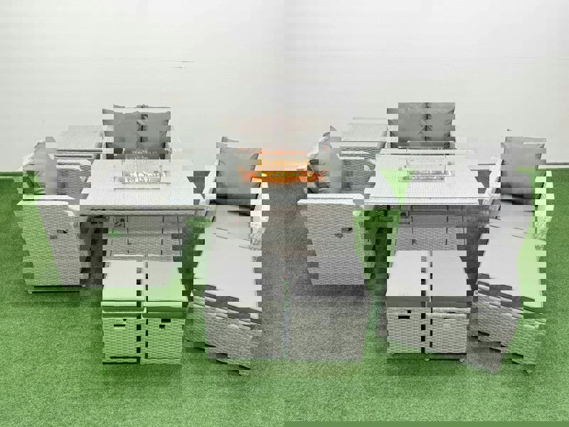 Fimous Light Grey PE Wicker Rattan Garden Furniture Set Sofa Set Reclining Chair Fire Pit Dining Table 7 Seater 3 Stools Side Table