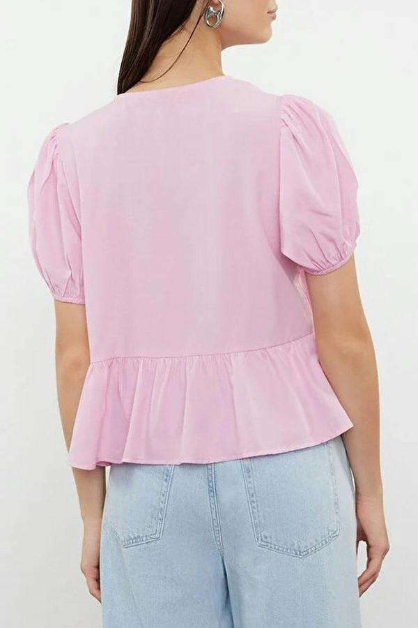 WOVCOR Tie Front V-Neck Short Sleeve Woven Shirt