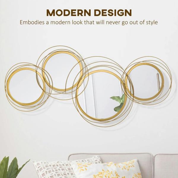 Gold-tone metal wall mirror set with five interlocking circular frames, polished metal loops