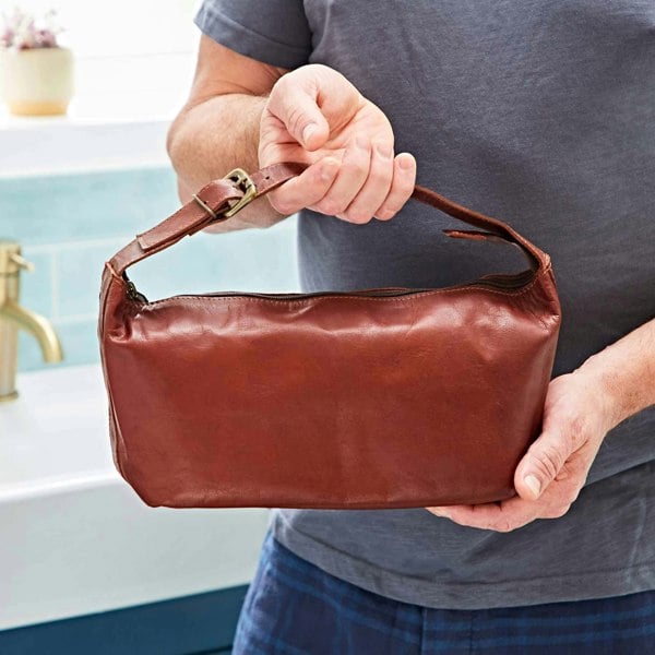Paper High Brown Leather Wash Bag with Strap