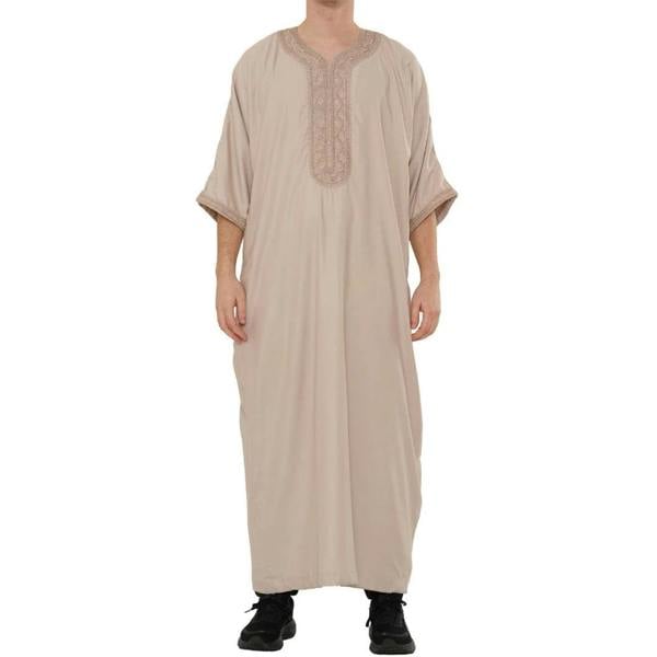 Men's Half Sleeve Embroidery Moroccan Thobe - Salmon - Thobez - 42