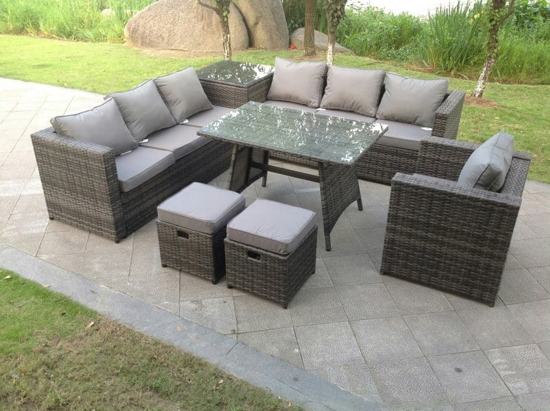 Fimous 7 Seater Grey Rattan Corner Sofa Set 2 Table Armchair Footstool Garden Furniture Outdoor