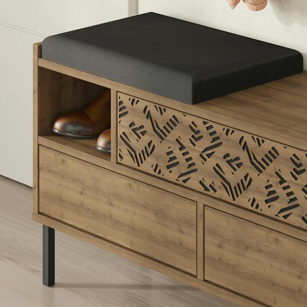 Decortie Heaton Shoe Bench w/ Fabric Cushion Seat 3-door Storage Cabinet 111(W)x37(D)x56.5(H)cm Metal Legs Hallway