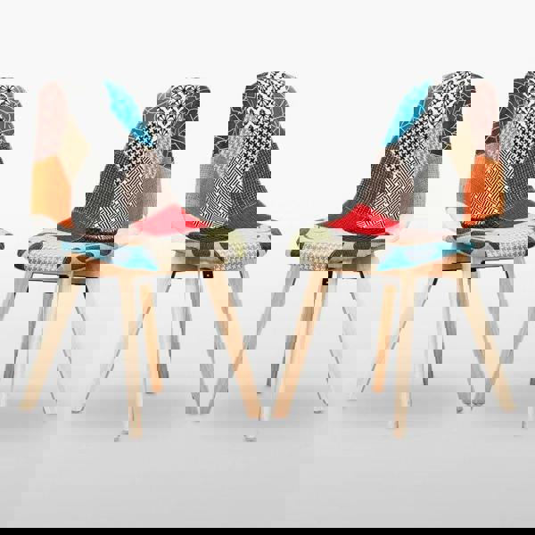 Life Interiors Set of 2 Patchwork Multi Colors Fabric Dining Chairs with Wooden Legs, Mid-Century Modern Accent Chair