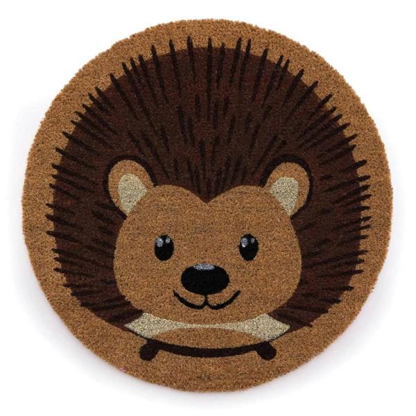 Round doormat with a hedgehog design on a white background
