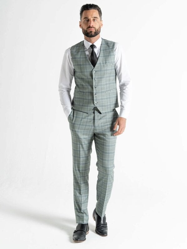 V2 Classic Kensignton Three Piece Suit - Olive with White and Blue Checks