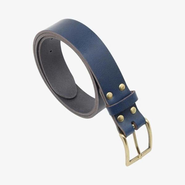 Blue leather belt with gold buckle on a white background