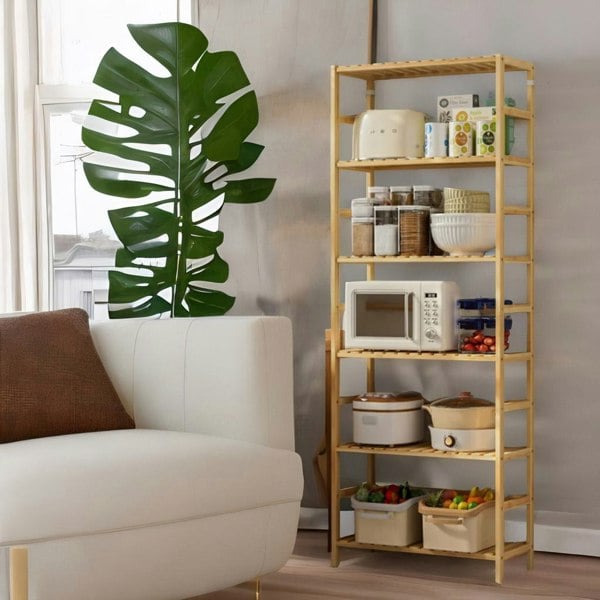 BMBO 6 Tier Wooden Storage Rack With Adjustable Shelves Natural Brown