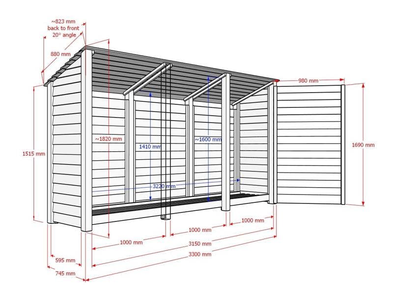 Arbor Garden Solutions Wooden Log Store (Roof Sloping Back) with Doors W-335cm, H-126cm or 180cm, D-88cm