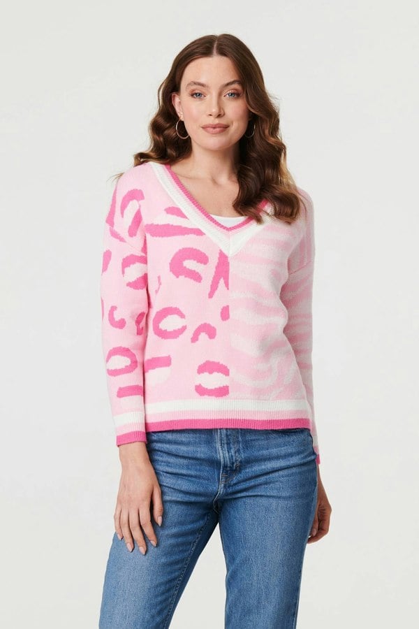 Pink | Animal Print Long Sleeve V-Neck Jumper
