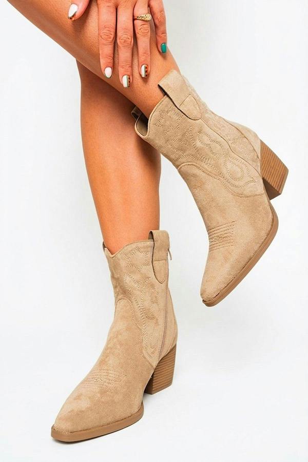 Laura Suede Cowboy Ankle Length Boots - Khaki_wb