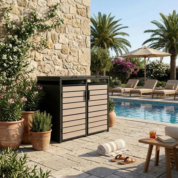 Nicoman Outdoor Metal Garbage Bin Shed with Wood Effect Doors