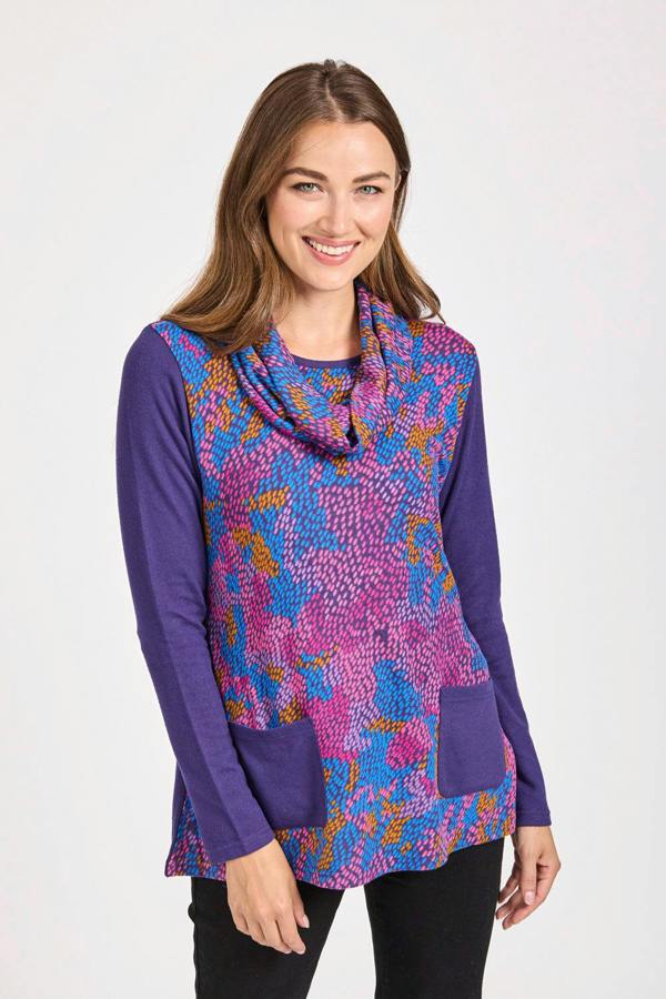 Mudflower Abstract Print Cowl Neck Top