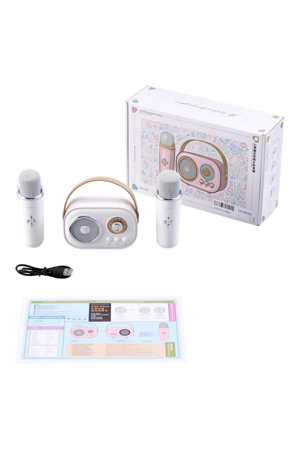 Living and Home Portable Retro bluetooth Karaoke Machine with Wireless Microphones - White