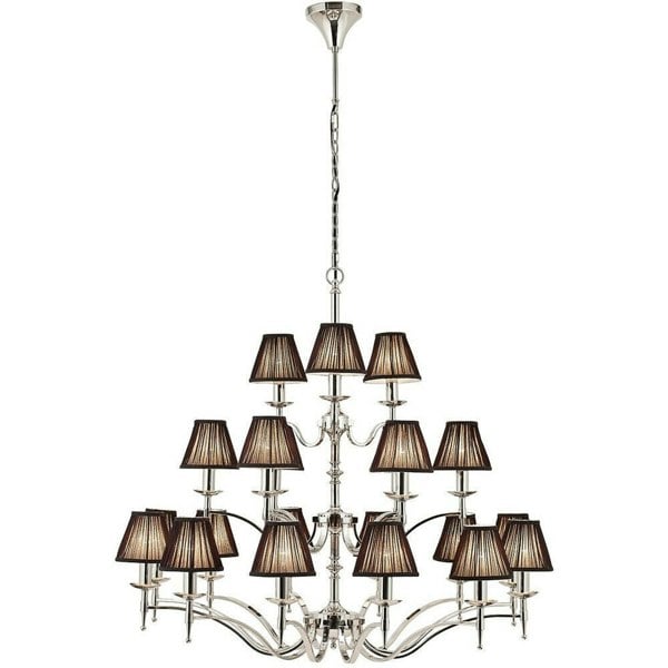 Avery Ceiling Pendant Chandelier Light 21 Lamp Bright Nickel & Black Pleat Shade Loops