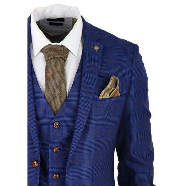 Paul Andrew Mens Blue Brown Check 3 Piece Tailored Fit Suit