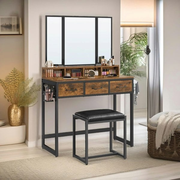 Rafaelo Mobilia 3 Drawer Dressing Table With Mirror And Stool Rustic Brown