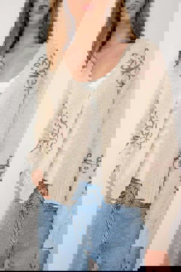 WOVCOR V-Neck Knit Cardigan with Embroidery Details