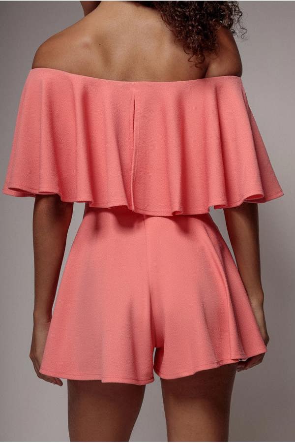 Off The Shoulder Frill Neck Skater Playsuit - Coral TR30B