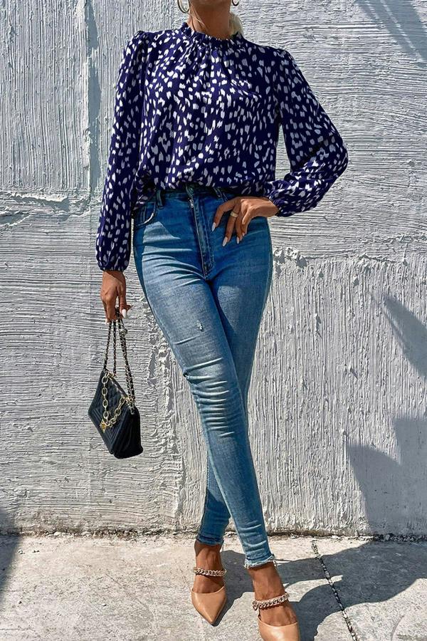 FS Collection Animal Print Frill Detail High Neck Top In Navy