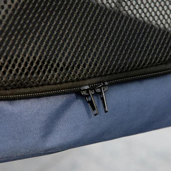 Dark blue stroller side mesh pocket with double-zip closure