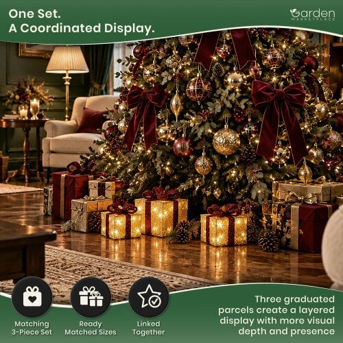 Light Up Christmas Parcels with 35 White LEDs - Set of 3, Gold and Red