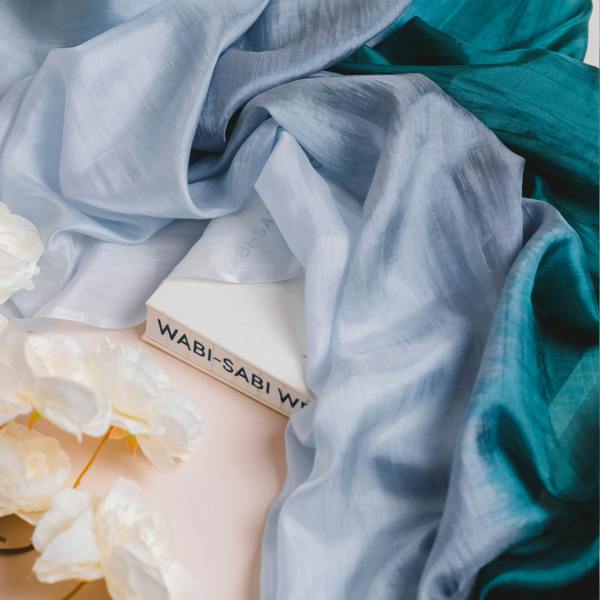 Blue & Emerald Ombré Silk Scarf – Hand-Dyed Mulberry Silk, Wedding Guest & Eid Wrap