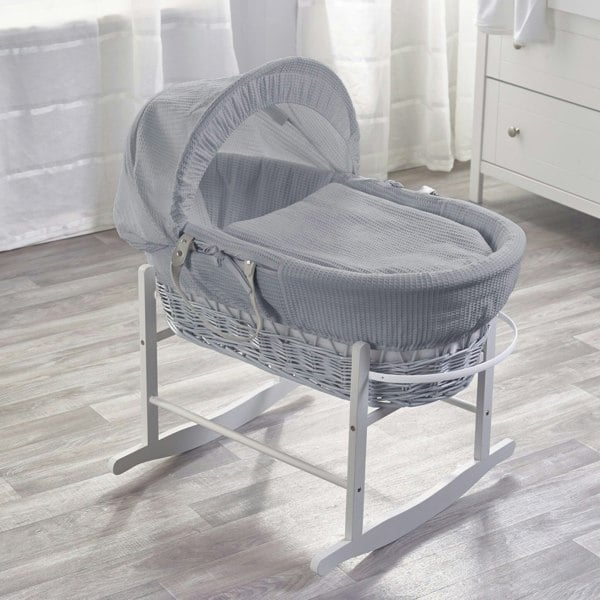 Kinder Valley Grey Waffle Grey Wicker Moses Basket with Rocking Stand Grey