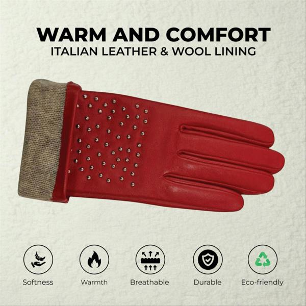 Infinity Leather Womens Italian Leather Winter Studded Design Soft Wool Lining Gloves - L-GLV-601