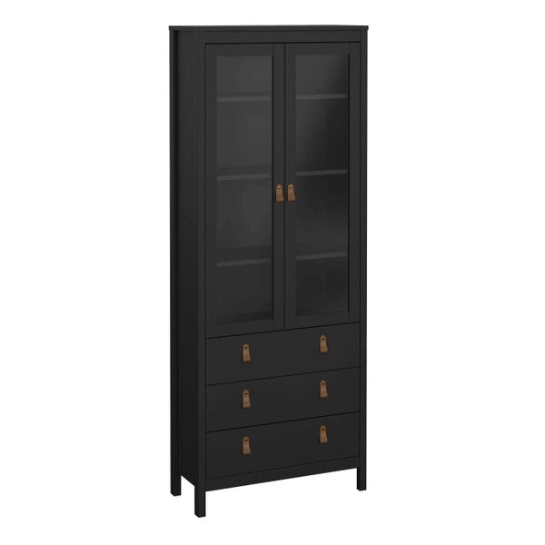 Wyld Haus Wildberry Matt Black Wooden China Cabinet 2 Glass Doors with 3 Drawers Leather Handles
