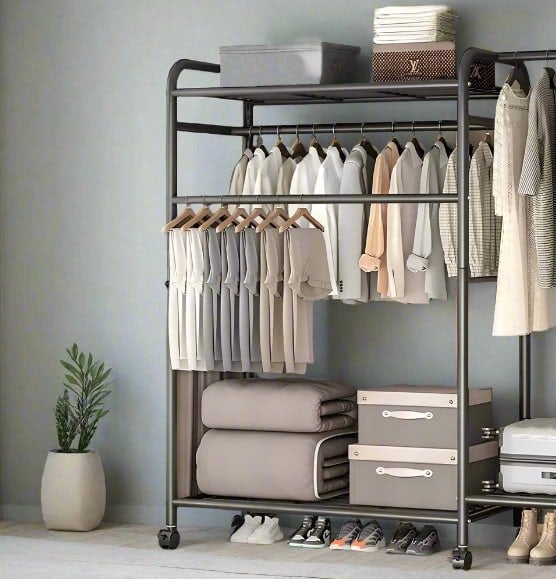 Modcraft Heavy Duty Double Clothes Rail Rack with Wheels & Storage Shelves
