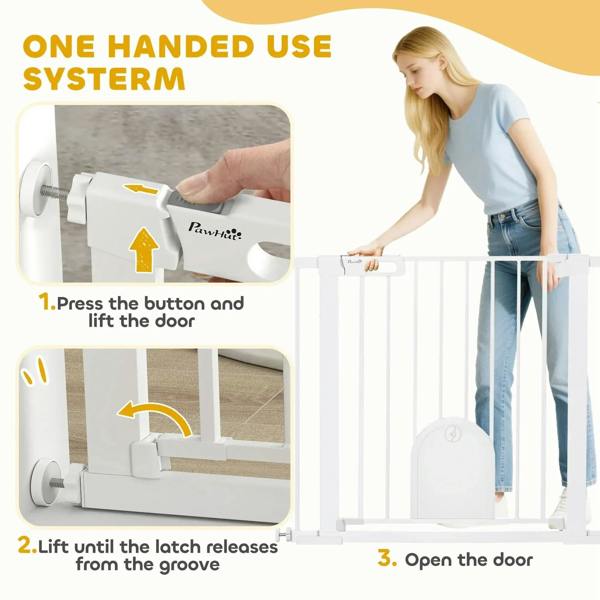White pet safety gate showing latch release mechanism for one-handed use