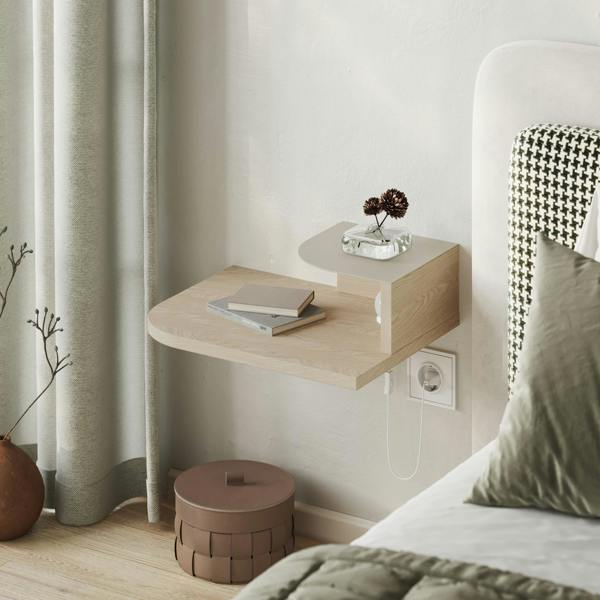 Decortie Floating Bedside Table Modern Corner Design Nightstand 30cm Wall-mounted w/ LED Lamp in 3-tones for Bedroom