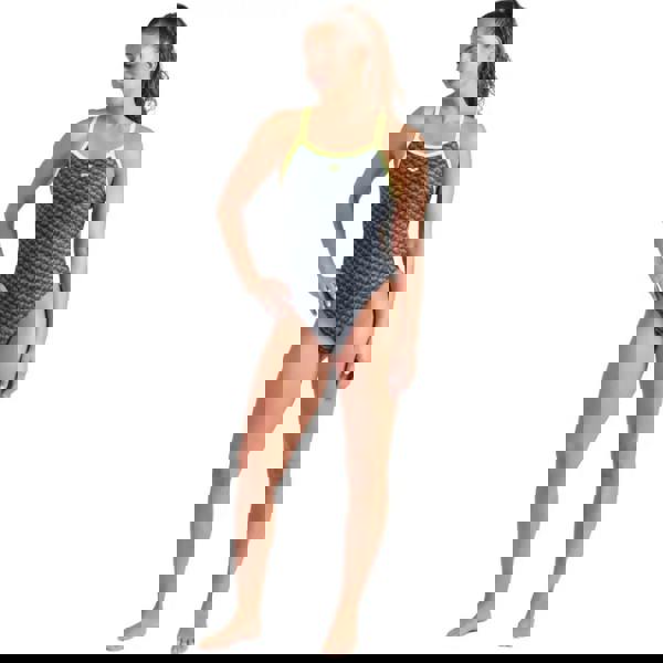 Arena Monogram Challenge black/lime one-piece swimsuit with geometric pattern