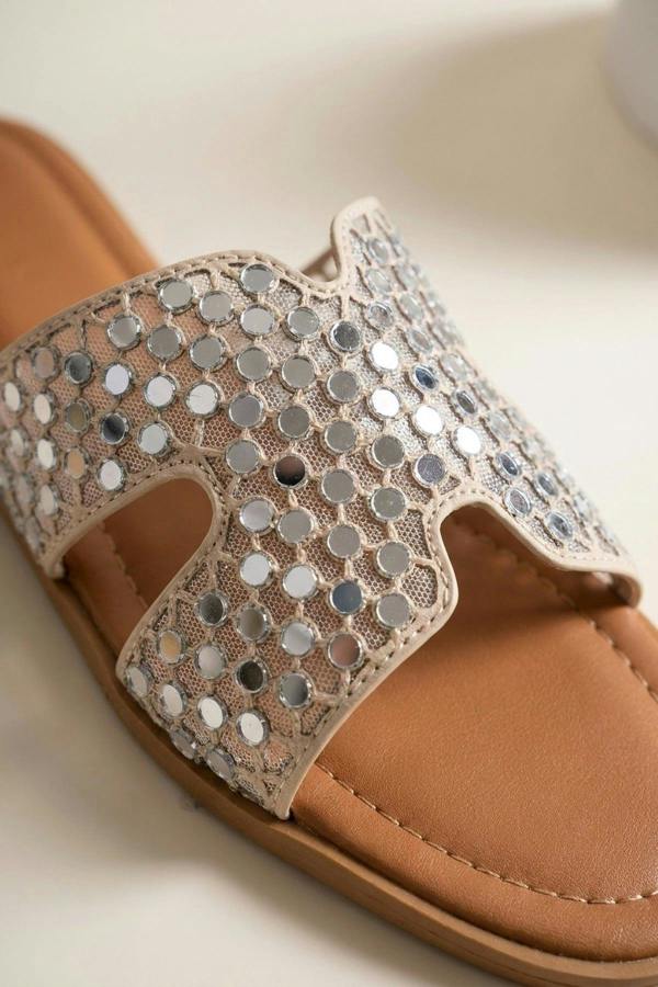 Cordelia Mirrored Disc Embellished H Sandals - Beige