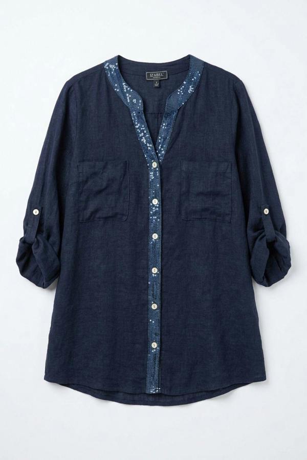 Navy | Sequin Trim 3/4 Sleeve Relaxed Shirt