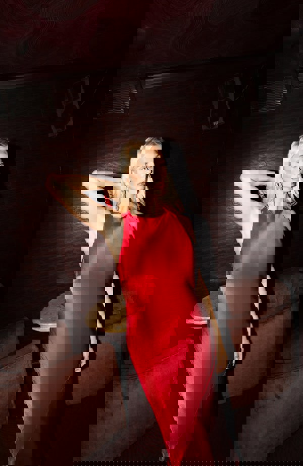 Rewritten London Paris Midi Dress in Red Satin