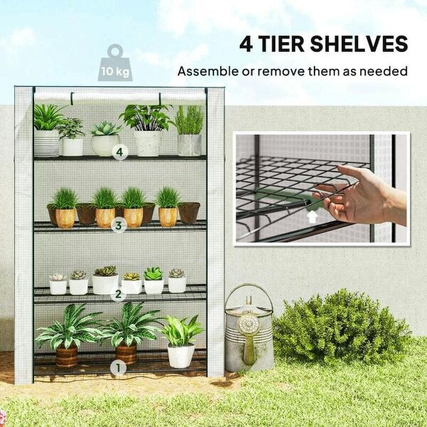 Bobobiy Mini Greenhouse with Reinforced PE Cover, Portable Indoor Outdoor Green House with Roll-up Door, 170 x 120 x 50cm, White