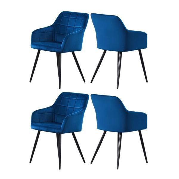 Life Interiors Set of 4 Camden Modern Velvet Dining Chairs with Armrests, Quilted Design & Black Metal Legs