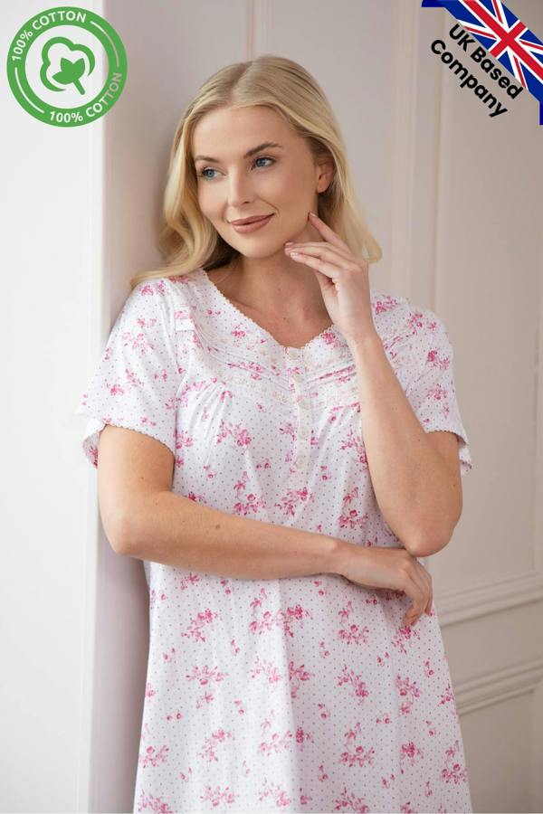 Camille Womens 100% Cotton Luxury Porcelain Floral Short Sleeve Nightdress 