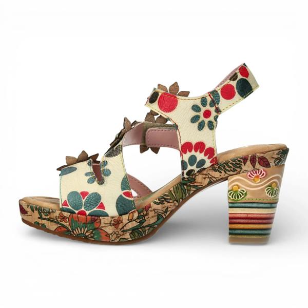 Laura Vita Nellao 33 - Women's Beige Floral Leather Wedge Sandals