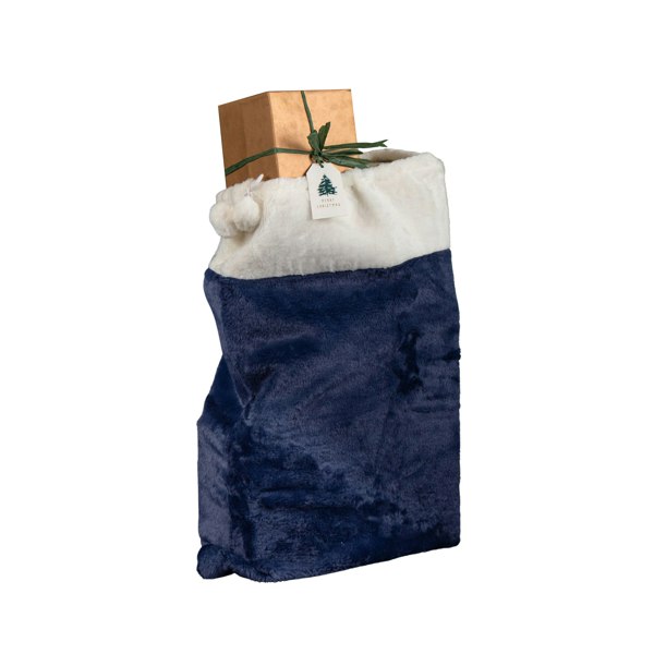 Samuel Alexander 80 x 55cm Blue Soft Plush Christmas Sack with White Faux Fur Trim and Pom Poms