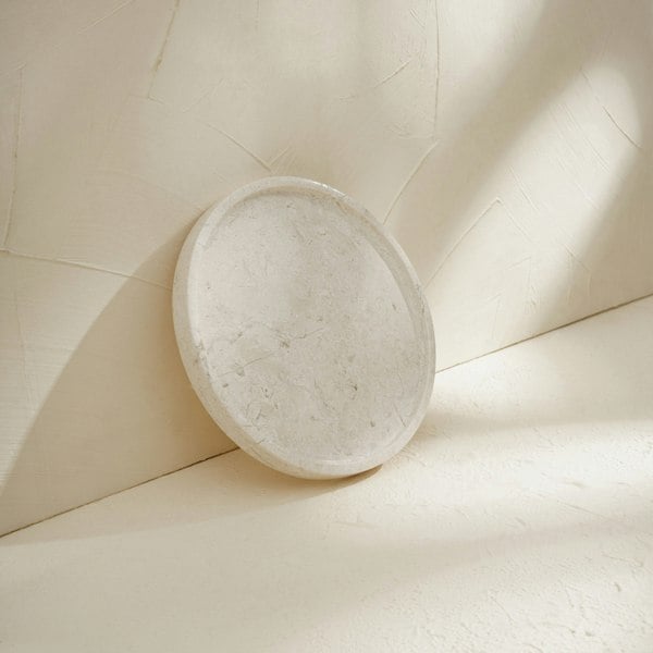 Beige marble round vanity tray lifestyle genuine stone bathroom