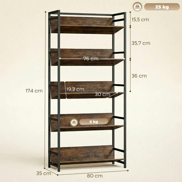 Bookshelf 5-Tier Metal Frame Room Divider Bookcase Storage Shelves for Living Room Rustic Brown