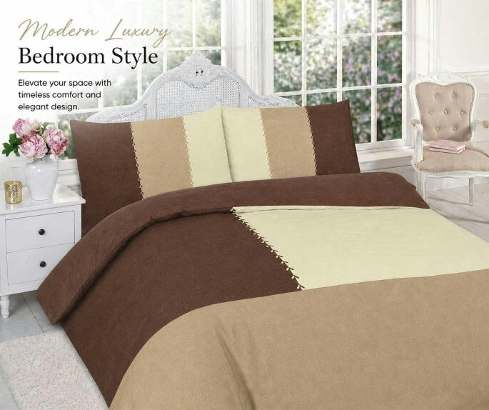 Night Zone Suede Patch Polycotton Duvet Cover Set – Soft Touch Patchwork Bedding with Pillowcases - Chocolate