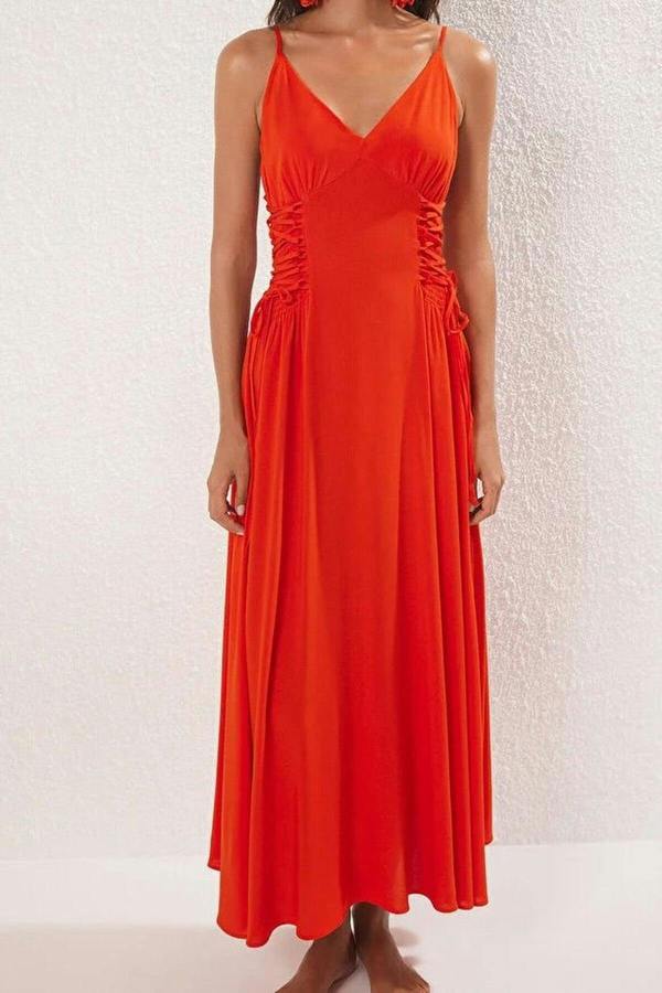 WOVCOR Woven Maxi Beach Dress with Tie Detail