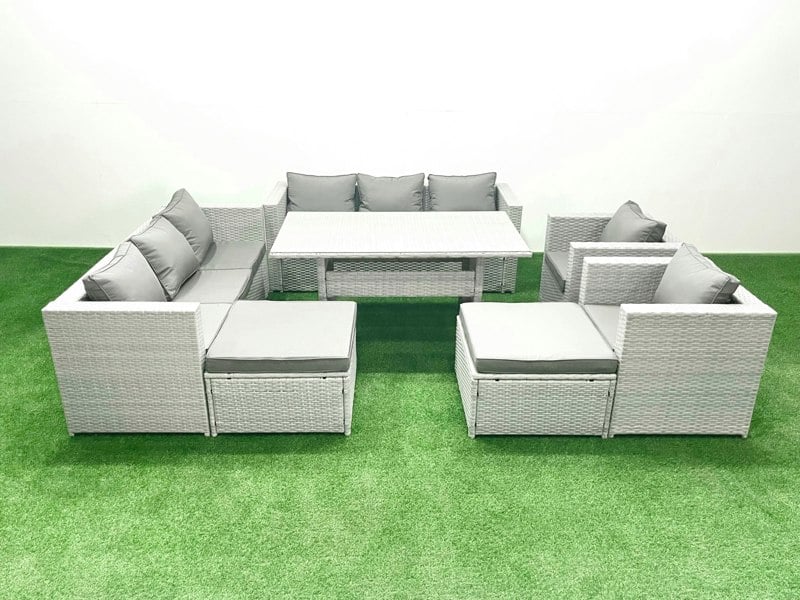 Fimous Rattan Garden Furniture Set Outdoor 8 Seater Patio Dinin g Sofa Sets with Dining Table 2 Chairs 2 Big Footstools Light Grey Mixed