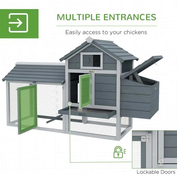 Grey small chicken coop with multiple entry doors and lockable front access panels