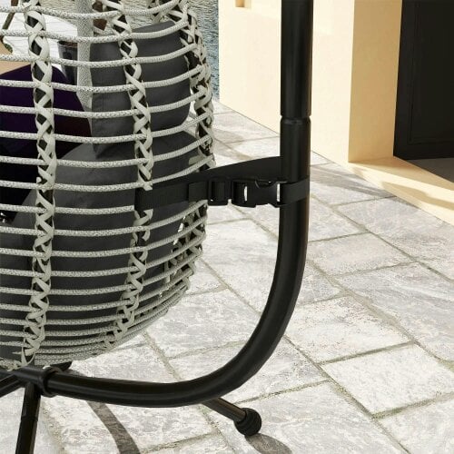 Bobobiy Outdoor Swing Chair with Thick Padded Cushion, Patio Hanging Egg Chair with Metal Stand, Foldable Basket, Rope Structure, Dark Grey
